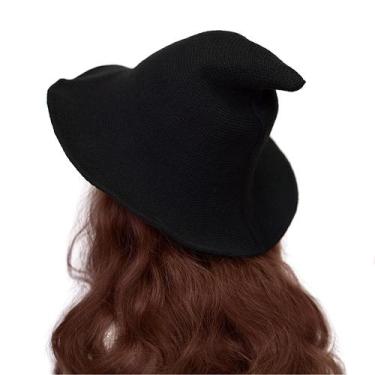 Imagem de Chapéu de bruxa Komotu de lã de Halloween tricotado para mulheres pret