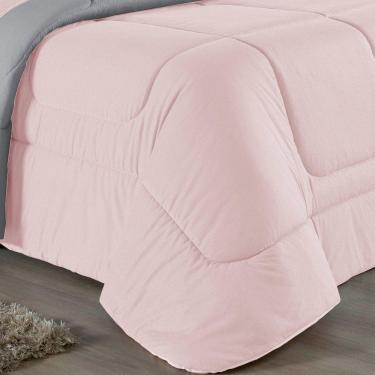 Imagem de Kit Edredom Dupla Face + Jogo De Lençol Casal Viúva Nobre 7 Peças Malha 100% Algodão - Rosa / Cinza