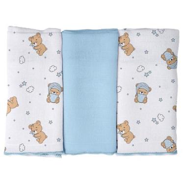 Imagem de Pano de Boca para Bebê 3 unidades Pixuxu 34cm x 34cm, Urso Soninho Azu