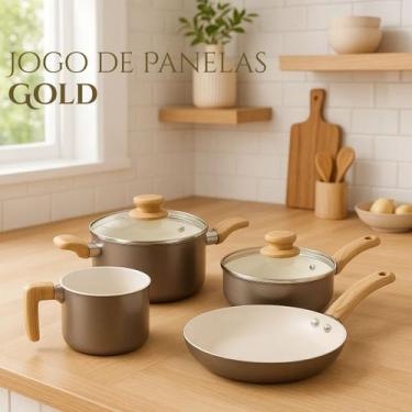 Imagem de Jogo de Panelas Gold Alumínio Revestimento Cerâmico Dourada e Cabo de 