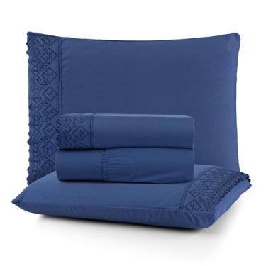 Imagem de Jogo de Cama Lençol Queen 4 Peças 200 Fios Lençol Plano Detalhe Bordad