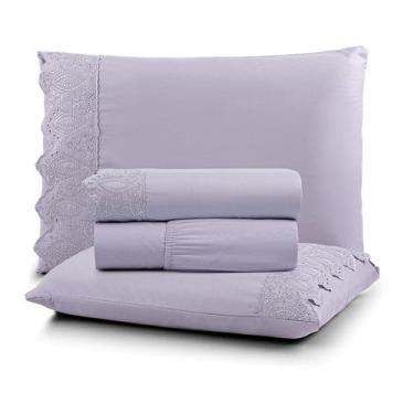 Imagem de Jogo de Cama Lençol Queen 4 Peças 200 Fios Lençol Plano Detalhe Bordad