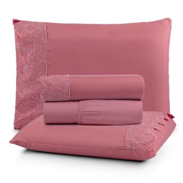 Imagem de Jogo de Cama Lençol Queen 4 Peças 200 Fios Lençol Plano Detalhe Bordad