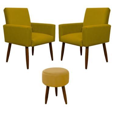 Imagem de Kit 2 Poltronas Com Puff Redondo Nina Suede Amarelo Herrero