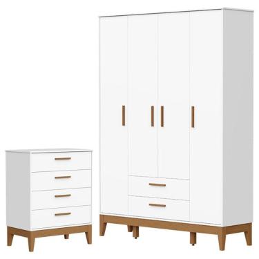 Imagem de Guarda Roupa Infantil Flip 4 Portas 2 Gavetas em MDF com Cômoda Gaveteiro Branco Acetinado