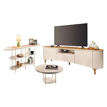 Imagem de Rack Bancada Elara Off White Cinamomo com Mesa de Centro Sky e Aparado