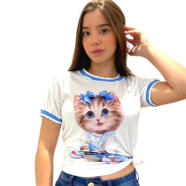 Imagem de Blusa Tshirt Feminina Gatinha Detalhes Gola E Manga Laço 3d - Madame O