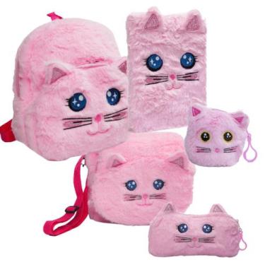 Imagem de Mochila Bolsas Estojo Caderno Kit Escolar Pelúcia Gato Rosa - Polibrin