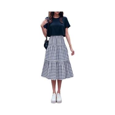 Imagem de Saia Vintage Xadrez De Cintura Alta Com Camadas E Patchwork Para Mulhe