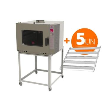 Imagem de Kit Forno Turbo Elétrico Progás Monofásico PRP-5000 NE em Aço Carbono 5 Esteiras Alumínio Inox 220V