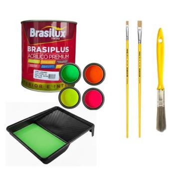 Imagem de Kit Tinta Luminosa Luz Negra Varias Cores Bandeja e Pinceis Cor:Verde 
