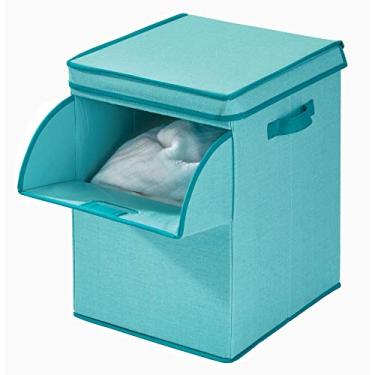 Imagem de iDesign Cesto de armazenamento de tecido Emmy com tampa e abertura frontal, recipiente de cesta com alças duplas laterais para armário, quarto, brinquedos, berçário - azul-petróleo