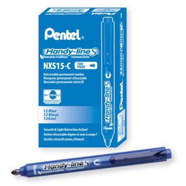 Imagem de Pentel Marcador permanente retrátil e recarregável Handy-line, ponta de cinzel, barril azul, tinta azul, caixa com 12 (NXS15-C)