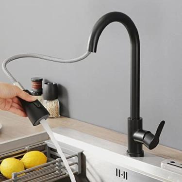 Imagem de Torneira de cozinha quente e fria torneira de mistura de 360 graus giratória retrátil pia de cozinha bancada de instalação escova torneiras de latão, preto, b