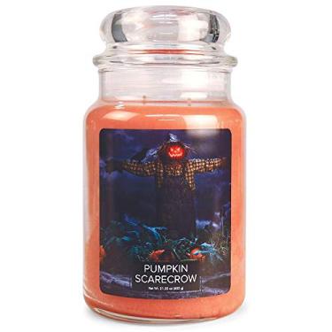 Imagem de Village Candle Pote de boticário de vidro grande de abóbora espantalho perfumado, 600 g, laranja