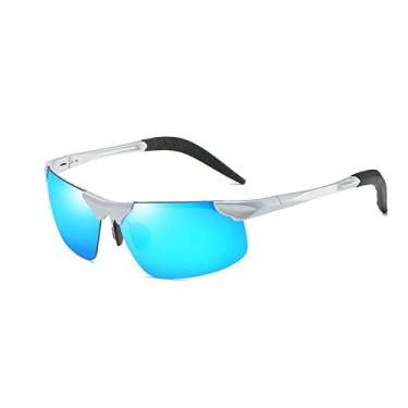 Imagem de Bestgift Óculos de sol masculinos metálicos de meia armação para ciclismo esportivo polarizado, Armação prateada azul, 152MM