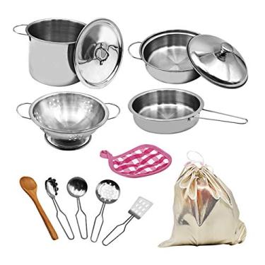 Imagem de Tingpai Conjunto de cozinha 12 PCS Jogo de brincadei com saco de zenamento Brinquedo de cozinha simulado Pote de sopa de aço inoxidável Panela Colher Crianças Chef Role Playset Conjunto de cozinha