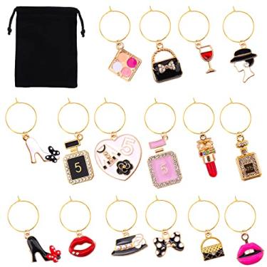 Imagem de AIERSA Pingentes de taça de vinho, 16 marcadores de bebida para copos de haste, pingentes engraçados, etiquetas de identificação para taça de vinho com anéis dourados para aliviar a mistura de festas