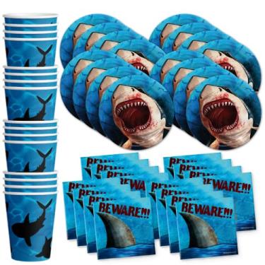 Imagem de Shark Attack! Conjunto de suprimentos para festa de aniversário pratos guardanapos copos kit de talheres para 16