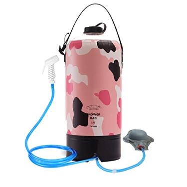 Imagem de Saco de banho de acampamento de pressão ao ar livre de chuveiro solar de PVC com bomba de pé e pulverizador 10L sacos de armazenamento de água portáteis para viagem de caminhada na praia, rosa, 42 * 17 cm