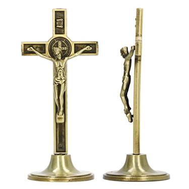 Imagem de Crucifixo de cruz para parede e mesa, crucifixo católico vertical, cruz cristã em pé, com base removível (cor cobre)