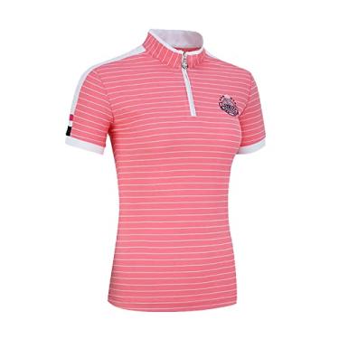 Imagem de Polo de golfe camisa feminina verão slim esportiva academia manga curta secagem rápida respirável listra top casual trabalho camisa de tênis, rosa, G (peito: 94 cm)