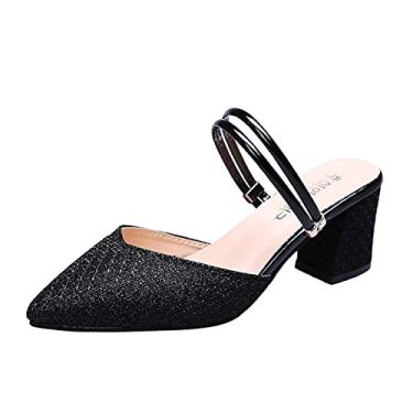 Imagem de Sandálias femininas moda verão cor sólida lantejoulas ponta grossa salto alto casual sandálias femininas de verão (preto, 8)