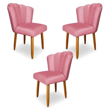 Imagem de Kit 3 Cadeiras de Jantar Pétala Estofada Pés Palito Veludo Rosa - Montanaris Decor