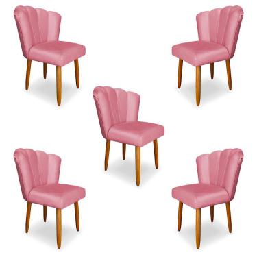 Imagem de Kit 5 Cadeiras de Jantar Pétala Estofada Pés Palito Veludo Rosa - Montanaris Decor
