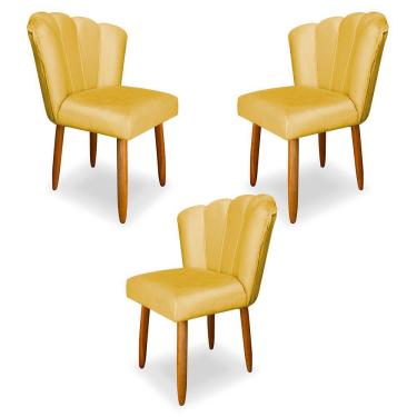 Imagem de Kit 3 Cadeiras de Jantar Pétala Estofada Pés Palito Veludo Amarelo - Montanaris Decor