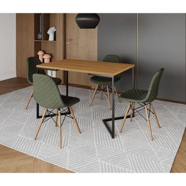 Imagem de Mesa Jantar Industrial com 4 Cadeiras Estofadas Verde Madeira Tampo Canela 120x75 Base V Aço Preto 