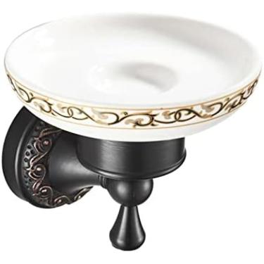 Imagem de Saboneteira Retrô Europeia Com Decoração 3D, Saboneteira De Latão Preto Fosco Com Prato De Cerâmica, Saboneteira Montada Na Parede Para Cozinha De Banheiro,Preto,Pleasant63