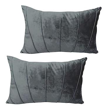 Imagem de Kit 2 Capas de Almofada Retangulares Veludo Drapeada Decorativa Baguete Luxo 30x50cm (Cinza Chumbo)
