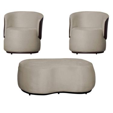 Imagem de Kit 2 Poltronas Decorativas e 1 Puff Grande Design Orgânico Beatriz Suede Composê Corino Marrom - Estopar