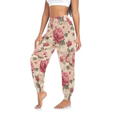Imagem de CHIFIGNO Calça feminina de ioga harém de cintura alta calça atlética de treino calças casuais folgadas, Flores rosas vintage em bege, XXG