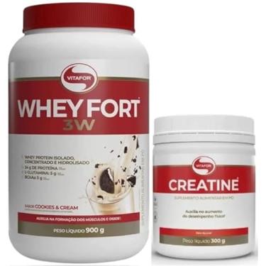 Imagem de Kit Whey Fort 3W Pote 900g Sabores + Creatina Vitafor 300g (900g+300g, Cookies Cream)