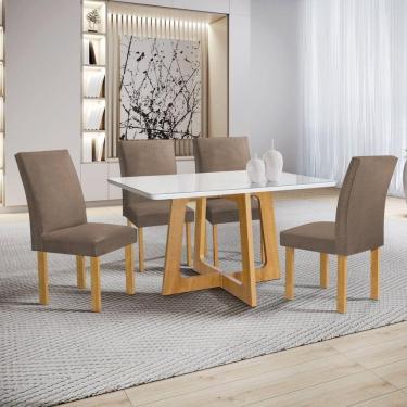 Imagem de Conjunto Mesa Arizona 120cm com 4 Cadeiras Canela Tampo Smart Plus com Vidro Cinamomo/Off White/Bege Escuro