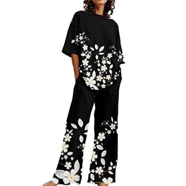Imagem de Conjuntos de verão para mulheres, conjuntos de linho de algodão com estampa de borboleta solta de 2 peças, blusa grande e calça de perna larga, Branco, G