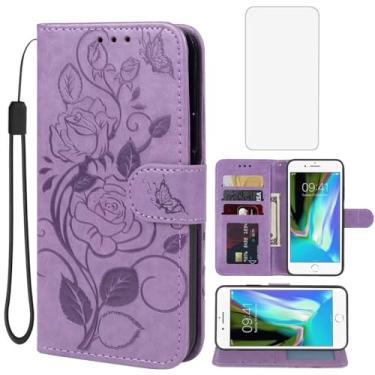 Imagem de Vavies Capa para iPhone 7 Plus, capa carteira para iPhone 8 Plus com protetor de tela de vidro temperado, capa de couro floral com suporte para cartão de crédito para iPhone 7 Plus/8 Plus, roxa