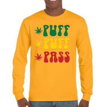 Imagem de Camiseta de manga comprida Puff Puff Pass 420 Weed Lover Pot Leaf Smoking Marijuana Legalize Cannabis Funny High Pothead, Amarelo, M