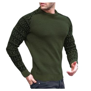 Imagem de Suéter masculino estampado emenda fina camada base borda canelada pulôver camada base gola redonda, Verde militar, XG