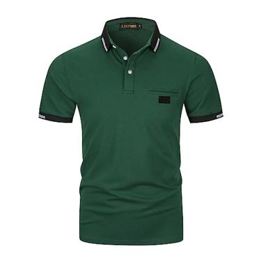 Imagem de LIUPMWE Camisas polo masculinas com bolso elegante xadrez manga curta algodão camiseta de golfe, Yt39 Verde, M