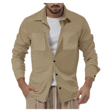 Imagem de Camisa masculina casual de manga comprida, estampa xadrez, abotoada, caimento justo, bolso, Cáqui, G
