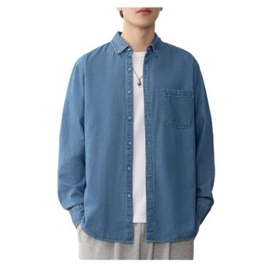 Imagem de Camisa jeans masculina, manga comprida, cor sólida, bolso frontal, abotoada, colarinho aberto, Azul, 3G