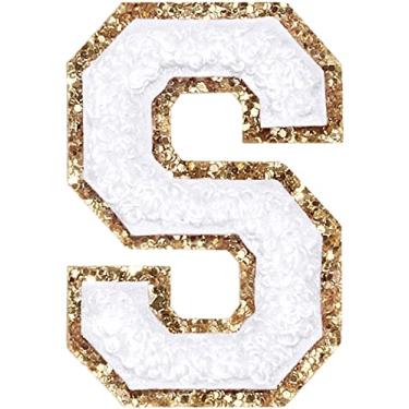 Imagem de 3 Pçs Chenille Letter Patches Ferro em Patches Glitter Varsity Letter Patches Bordado Borda Dourada Costurar em Patches para Vestuário Chapéu Bolsa de Camisa (Branco, P)
