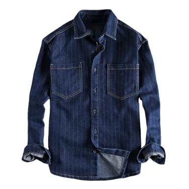 Imagem de Camisa jeans masculina de manga comprida com estampa listrada combinando com cores e gola larga, Azul-escuro, G
