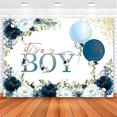 Imagem de Avezano It's a Boy Baby Shower Pano de fundo azul marinho floral para chá de bebê com bolinhas douradas para menino e chá de bebê decorações de mesa de bolo (17,8 x 12,7 cm)