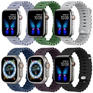 Imagem de Pacote com 6 pulseiras Ocean compatíveis com Apple Watch 49 mm, 45 mm, 44 mm, 42 mm, 41 mm, 40 mm, 38 mm, pulseira de silicone macio e elástico para iWatch Ultra SE Series 8 7 6 5 4 3 2 1 para mulheres e homens e crianças