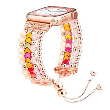Imagem de Pulseira com contas compatível com Apple Watch Ultra Series SE 8 7 6 5 4 3 2 1, fohuas ajustável flecha cristal arco-íris pérolas contas feitas à mão iWatch 38 mm, 40 mm, 41 mm, pulseira elástica para iPhone, relógio feminino, menina, fofo, ouro rosa, arco-íris