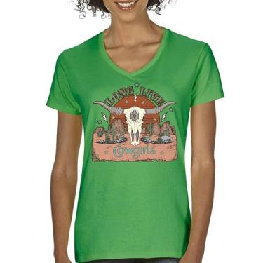 Imagem de Camiseta feminina Long Live Cowgirl gola V Vintage Country Girl Western Rodeo Ranch Blessed and Lucky American Southwest, Verde, M